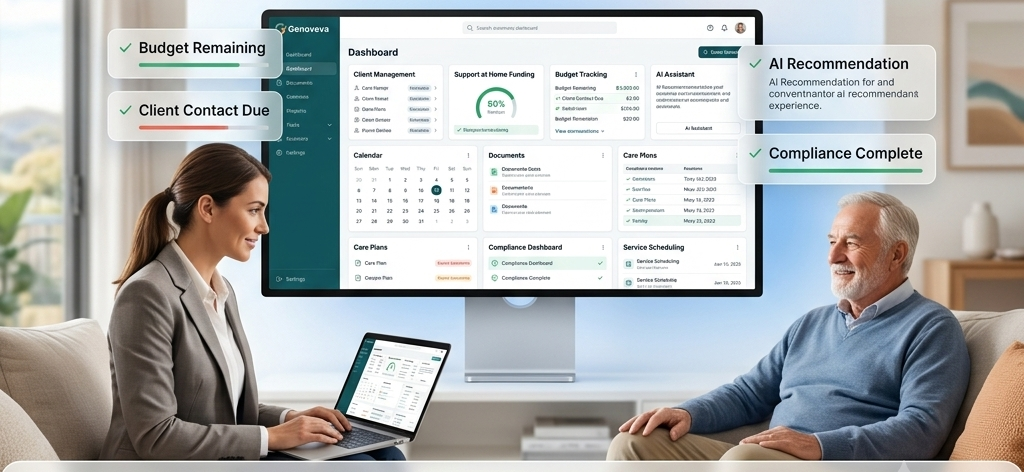 A care coordinator showing the Genoveva dashboard to a client during a home visit